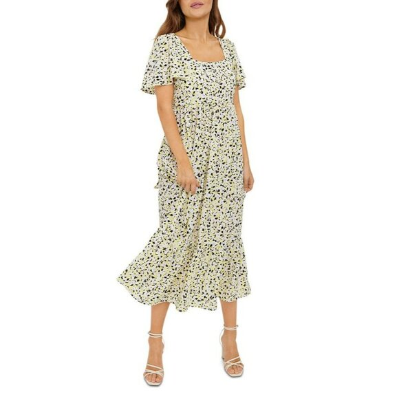 215. Vero Moda Olea Printed Midi Dress Yellow Medium - Picture 1 of 2